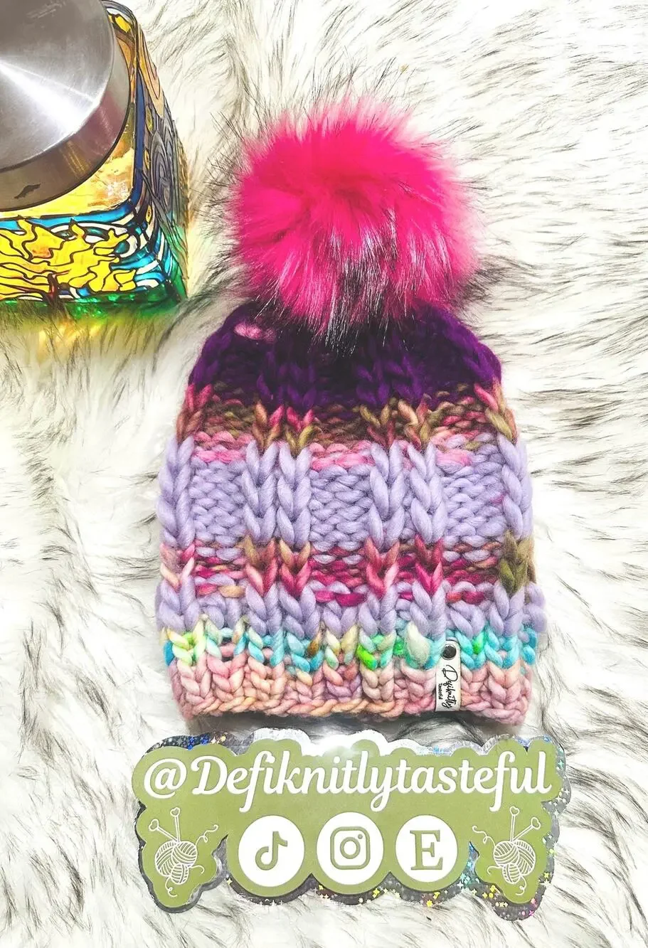 Handmade Neon Merino Wool Beanie: Colorful Winter Hat with Faux Fur Pom